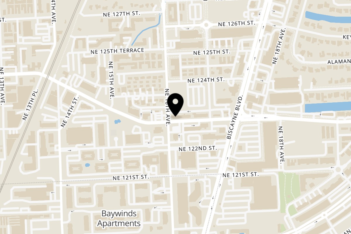Map showing the location of Piccolo Pizza & More on 1603 NE 123rd St in North Miami